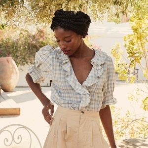 Doen Henri Top in Blue Meadow Lark Plaid - M - NWT